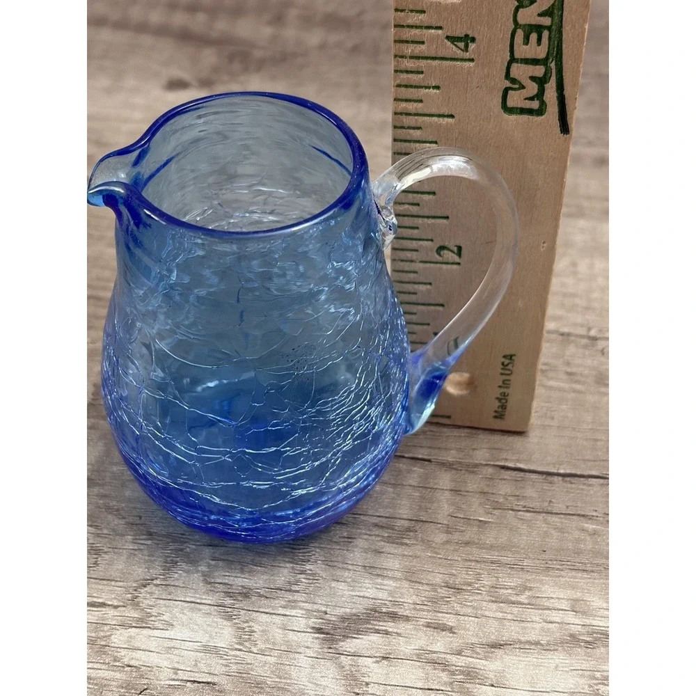 Vintage Handblown‎ Mini Crackle Glass Cornflower Cobalt Blue Pitcher Cruet 3.5
